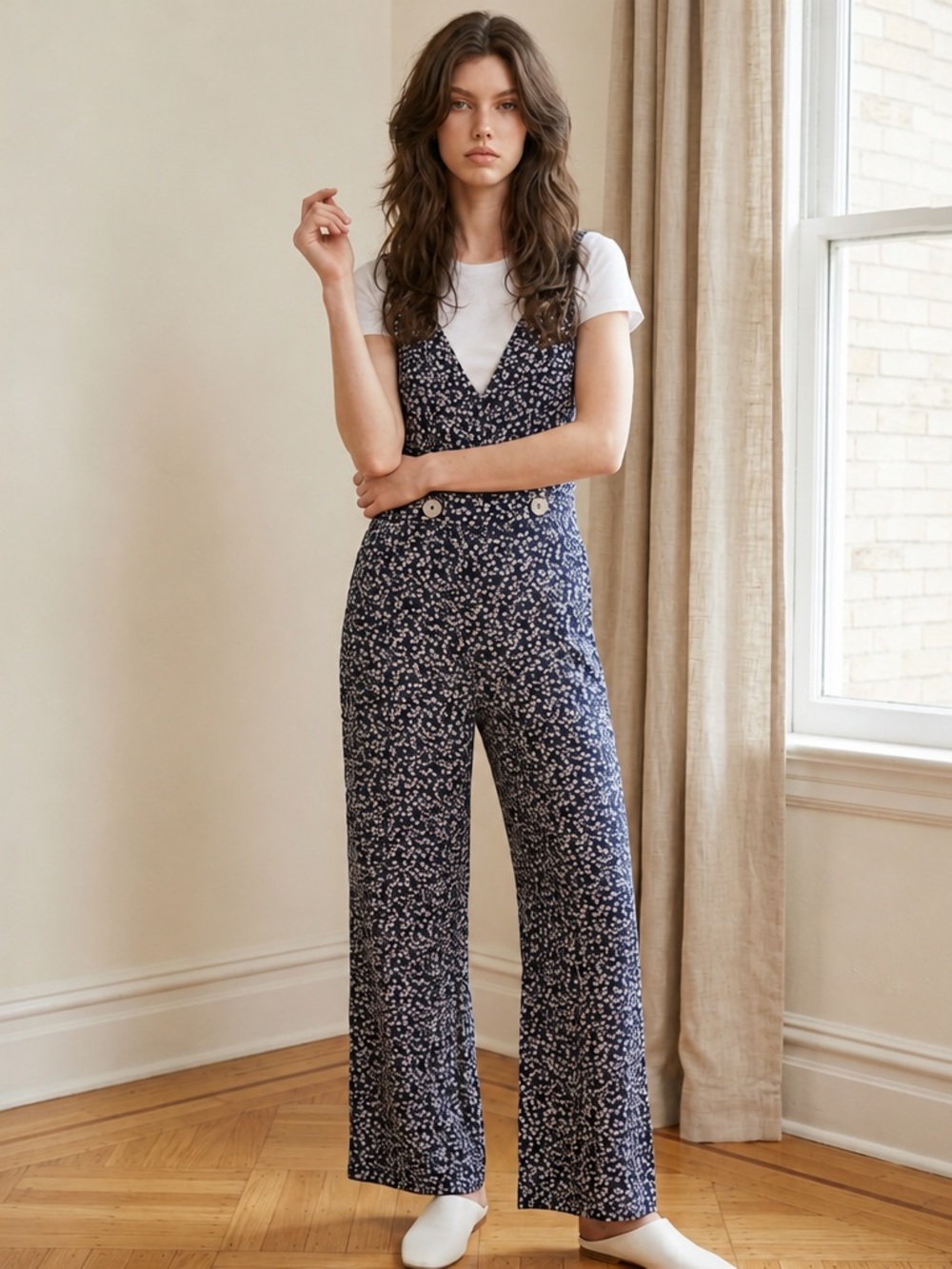 Floral V-Neck Wide-Leg Jumpsuit in Navy